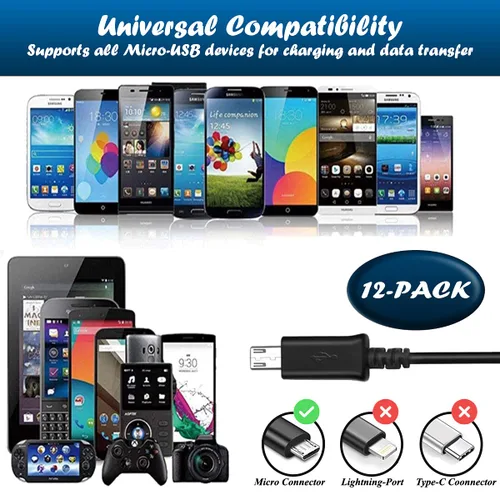 Vista 4 de [Paquete de 12 cables micro USB a granel – 1 M/3.3 pies de carga, sincronización de datos rápida micro USB a USB A cable para Samsung Galaxy S7 S6