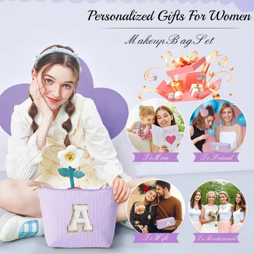 Vista 12 de YOOLIFE Regalos del Día de la Madre para Mujeres, Bolsa de Maquillaje con Iniciales, Bolsa de Maquillaje para Viaje, Bolsa de Maquillaje Negro