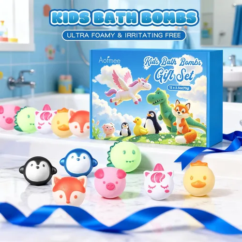 Vista 7 de Aofmee Bombas de baño para niños, 12 bombas de baño para niños con aceite esencial, 6 formas de animales y aroma afrutado, juego de regalo de spa