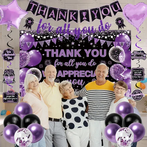 Vista 4 de Vlipoeasn Decoraciones de Pancarta We Appreciate You, Pancarta de Fondo Negro Morado Thank You for All You Do Panal de Abeja, Decoración de Oficina