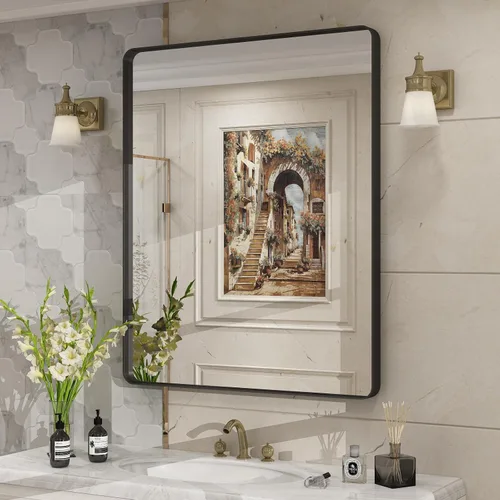 Vista 36 de Paquete de 2 espejos de baño con marco de metal negro de 22 x 30 pulgadas, espejo rectangular redondeado negro mate, antioxidante, se cuelga