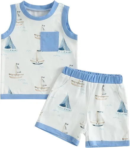 Vista 8 de CIYCUIT Conjunto de 2 piezas de ropa de verano para bebé, ropa de playa, sin mangas, pantalones cortos dinosaurio blanco