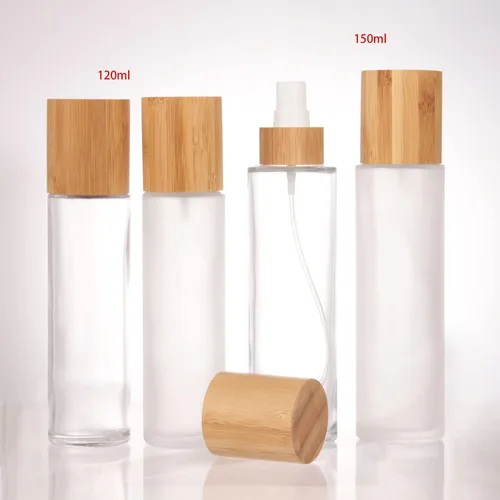 Vista 9 de COSIDEA Botella de spray de vidrio transparente con tapa de bambú vacía de 4 oz/4.1 fl oz con cabezal de despenser de niebla fina para recipientes