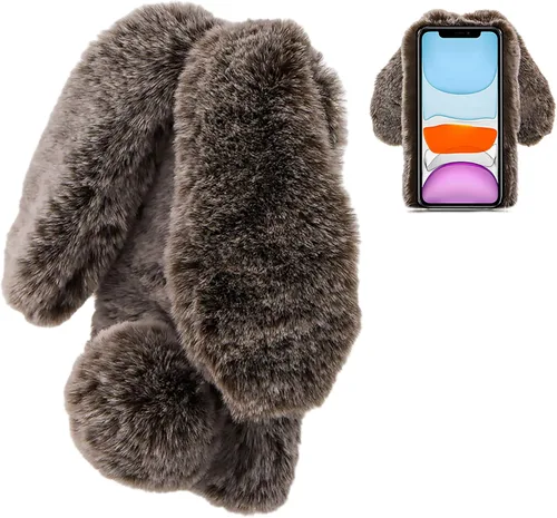 Vista 6 de LCHDA Funda de conejo para iPhone 13 Mini de 5.4 pulgadas, lindas orejas de conejo 3D, bola de pelo suave y peluda, cálida, de piel sintética