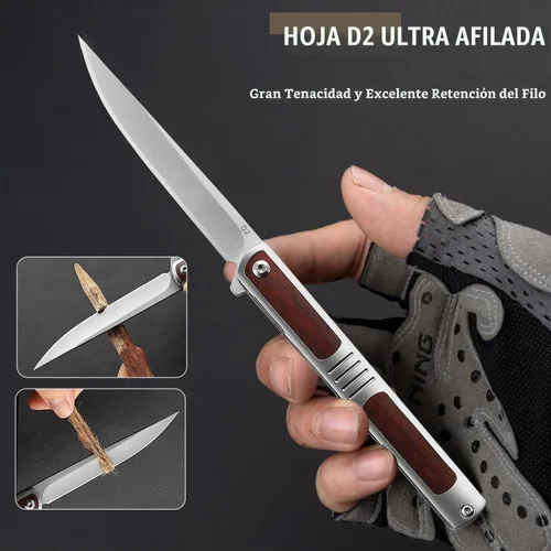 Vista 2 de Cuchillo de bolsillo para hombres, cuchillo plegable con clip, con hoja de acero D2, cierre de seguridad, cuchillo afilado para supervivencia