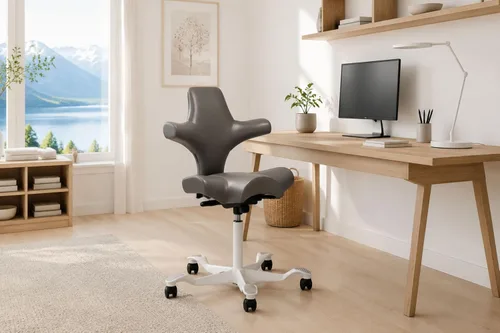 Vista 42 de HAG Capisco Sit to Stand Chair-Blush Rose Frame-Upholstered Black Onyx Vinyl