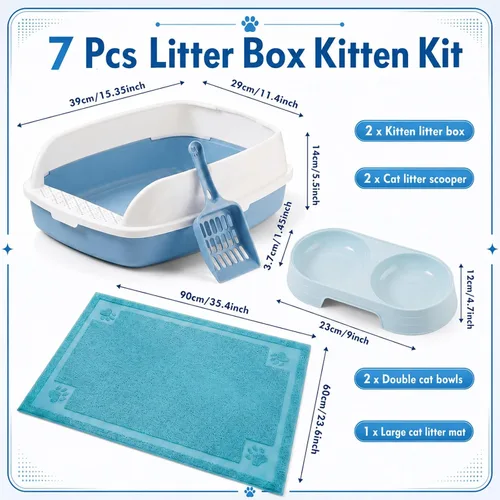 Vista 2 de Sliner 7 Pcs Kitten Litter Box Starter Kit, Low Entry High Sided,Blue