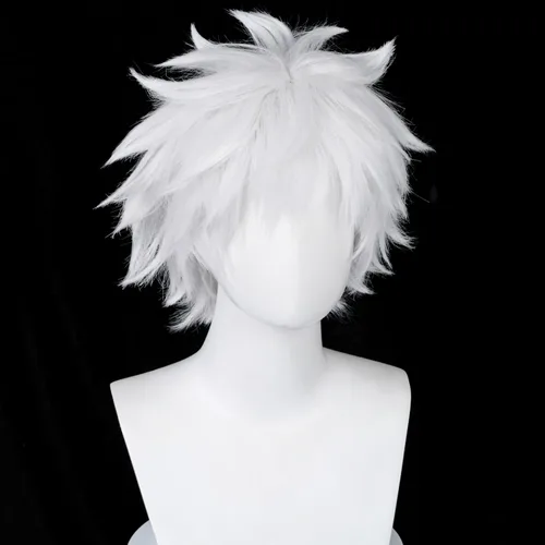 Vista 3 de COSPLAZA Cosplay peluca corta blanca plateada esponjosa masculina anime show Halloween fiesta pelucas de pelo
