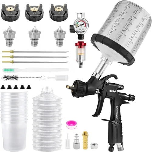 Vista 8 de R500 LVLP Pistola de pulverización de aire con boquillas de 1.3/1.5/0.067 in y regulador de aire, pistolas de pintura A610 automotrices kit premium