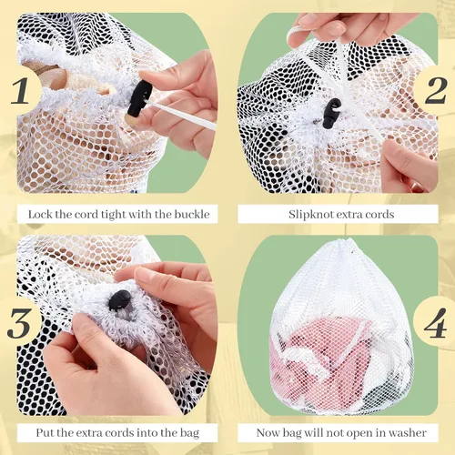 Vista 3 de Fabbay 12 bolsas de malla para lavandería con cordón de malla blanca resistente, lavable a máquina, bolsa con cordón, bolsa de lavado de red, bolsa
