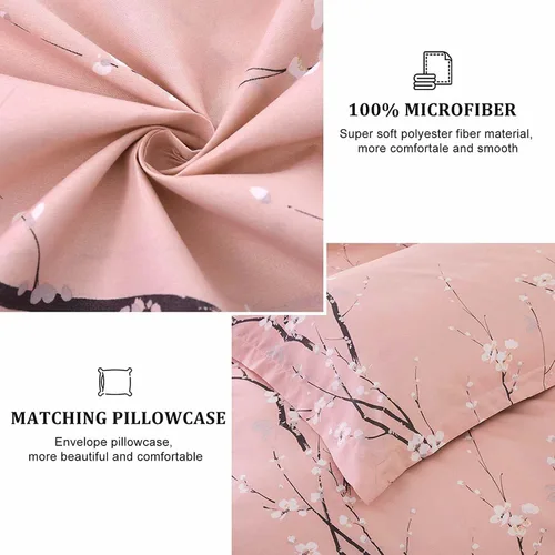 Vista 5 de WONGS BEDDING Juego de funda de edredón floral rosa tamaño individual, juego de ropa de cama reversible con 1 funda de almohada, juego de funda