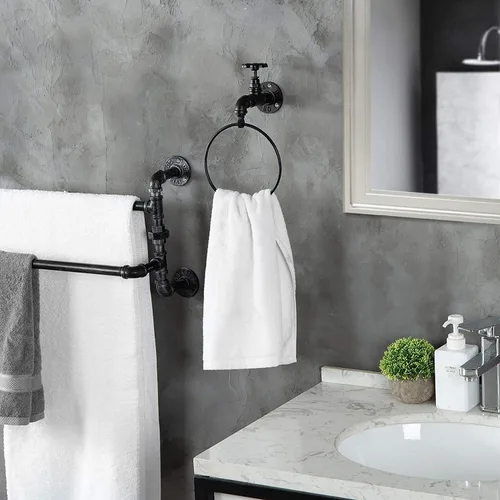 Vista 2 de MyGift Anillo de soporte para toallas de mano, estante colgante de toalla de baño montado en la pared, accesorios de baño industriales, decoración