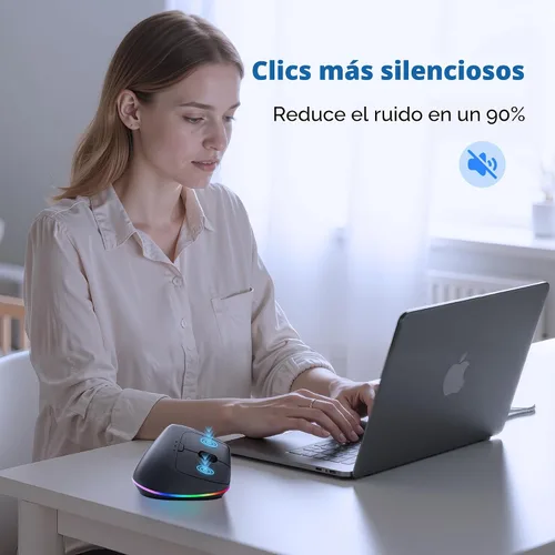 Vista 6 de TECKNET Ratón ergonómico inalámbrico recargable RGB – USB + Bluetooth Multi-dispositivo LED Vertical Mouse con 11 modos de retroiluminación RGB