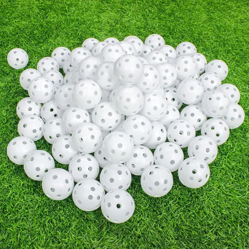 Vista 5 de Paquete de 100 pelotas de golf de práctica de flujo de aire, bolas de golf de plástico huecas, entrenamiento o campo de conducción, práctica