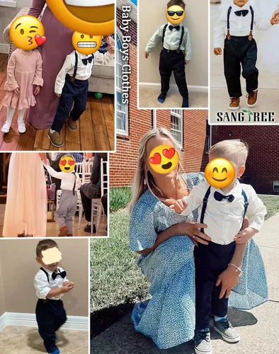 Vista 3 de SANGTREE - Conjuntos de traje de caballero para niños con tirantes extraíbles, de 3 meses a 14 años