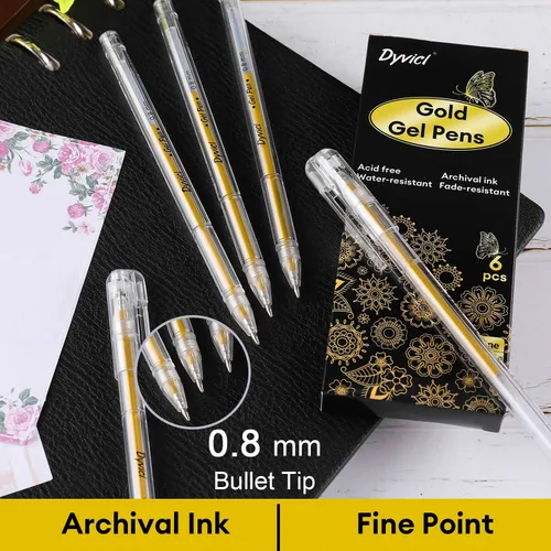 Vista 3 de Dyvicl Bolígrafos de gel dorados metálicos, bolígrafos finos de 0.031 in, tinta de gel, bolígrafos de gel metálicos para dibujo de papel negro