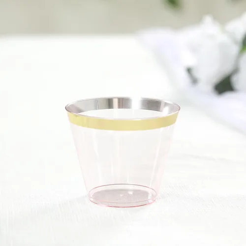 Vista 14 de Efavormart - Juego de 12 vasos de plástico de oro rosa de 10 onzas, diseño de borde para decoración de boda