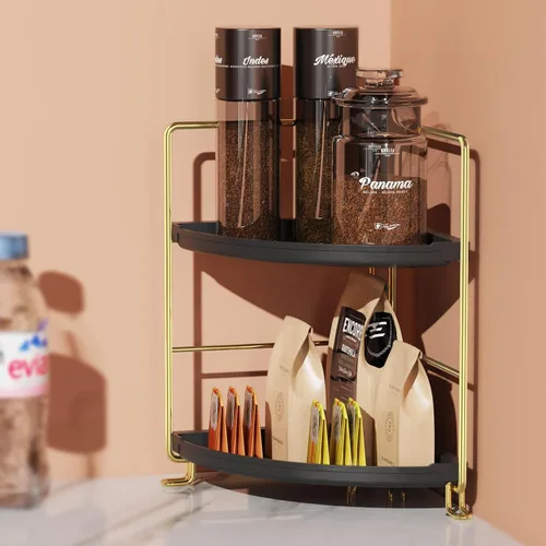 Vista 4 de Estante esquinero para especias de 2 niveles, organizador de maquillaje, apilable, soporte para cosméticos, estante de mostrador para baño, cocina