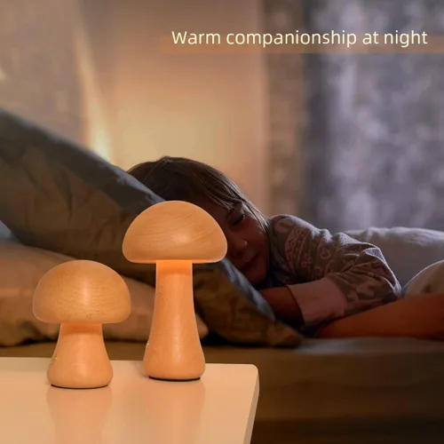 Vista 6 de Lámpara única pequeña de madera con forma de hongos, decoración de setas, lámpara de noche, lámpara de hongo recargable para decoración del hogar