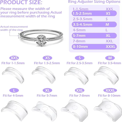 Vista 2 de 100 piezas de ajuste de tamaño de anillo para anillos sueltos con herramienta de medición de tamaño de anillo, protectores de anillo invisibles