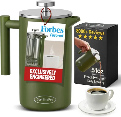Vista 9 de SterlingPro Cafetera de prensa francesa de acero inoxidable, grande, 1 L (34 onzas), color negro, prensa de café duradera con aislamiento de doble