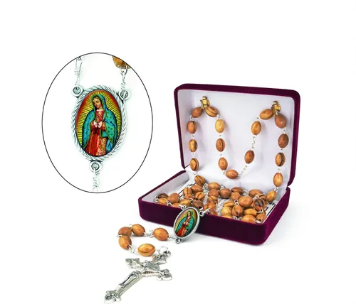 Vista 2 de Our Lady of Guadalupe, collar de rosario católico de madera de Israel, cuentas de rosario de madera de olivo con dije de cruz de retrato