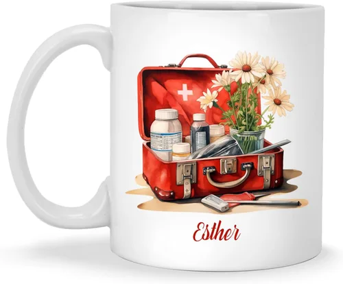 Vista 9 de Enfermera con equipos médicos Tazas de café, Taza de cerámica de enfermería con nombre personalizado, Taza de café asistente médica, Regalo