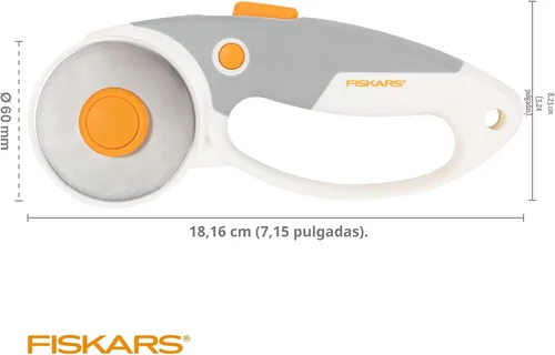 Vista 6 de Fiskars Cortador giratorio de 60 mm para tela con mango de bucle ergonómico y mango cómodo, cortador giratorio de titanio para materiales gruesos
