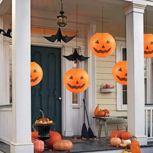 Vista 7 de 10 faroles de papel de calabaza de Halloween, farol Jack O Lantern de papel colgante de calabaza para fiestas de Halloween, decoración de jardín, 12