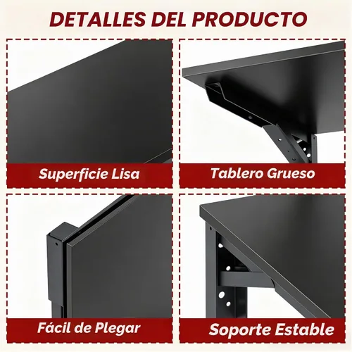 Vista 5 de Need Mesa plegable montada en la pared 30x20IN para lavandería de oficina Soportes de escritorio de color negro y estantes negros