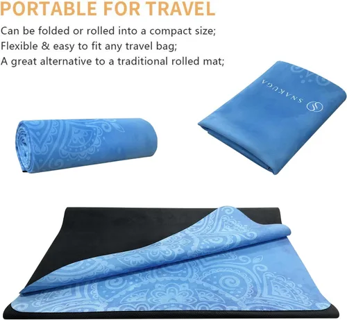 Vista 4 de Tapete de yoga de viaje, antideslizante, de gamuza con bolsa de transporte, tapete de fitness multiusos con superficie antidesgarros de alta