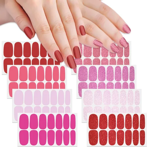 Vista 9 de 8 hojas de esmalte de uñas azules para mujer, calcomanías de esmalte de uñas de color sólido con purpurina para pegar en tiras de esmalte de uñas