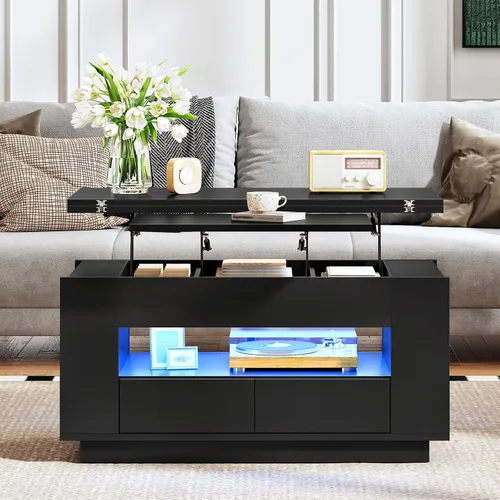 Vista 2 de CHOEZON Mesa auxiliar elevable de 40 pulgadas con 2 cajones, luces LED y almacenamiento, mesa central multiusos 4 en 1 con base flotante, para sala