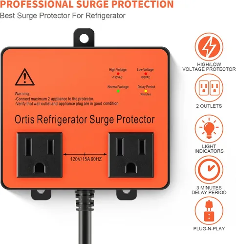 Vista 2 de Protector de sobretensiones para refrigerador, Ortis Protector de voltaje de doble salida para electrodomésticos con retraso de tiempo, protege