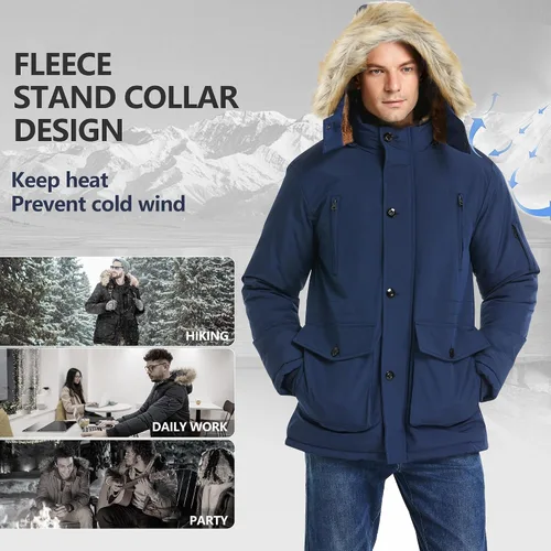 Vista 5 de JYG - Chaqueta de invierno gruesa para hombre, parka acolchada con capucha extraíble de piel sintética Azul
