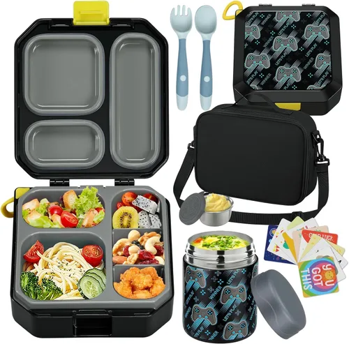 Vista 16 de wiwens - Lonchera Bento para niños con termo de sopa de 12 onzas, contenedor de comida para almuerzo a prueba de fugas con 5 compartimentos, termo