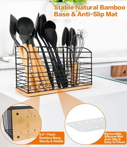 Vista 4 de Soporte grande para utensilios de cocina, 11.8 x 6.7 x 4.7 pulgadas, diseño estético de 3 compartimentos, organizador de utensilios de cocina