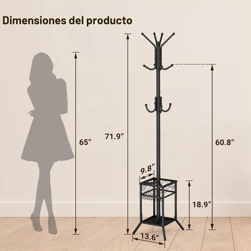 Vista 3 de ELYKEN Perchero Independiente, Perchero de Metal con Soporte para Paraguas, Árbol de Abrigos Moderno con 12 Ganchos, Perchero de Pie de Esquina