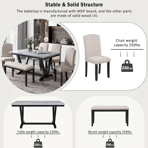 Vista 5 de Juego de mesa de comedor para 6, mesa de comedor rectangular de madera con 4 sillas tapizadas y un banco, mesa de chapas de mármol con patas de mesa