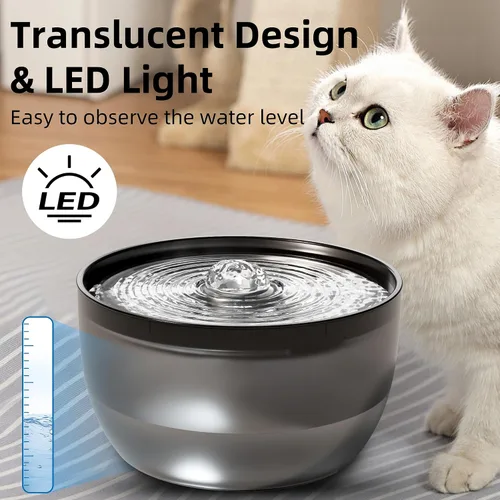 Vista 2 de Casfuy W8 - Fuente de agua silenciosa de acero inoxidable para perros y gatos con luz LED, color negro, 102 onzas