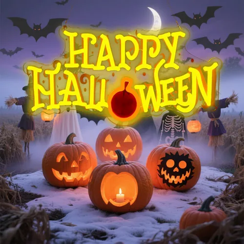 Vista 2 de Letrero de neón de feliz Halloween, letrero de bienvenida de LED para puerta delantera/recámara/hogar/patio, alimentado por USB, 16.5×8.6 pulgadas