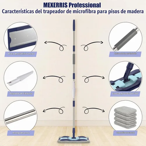 Vista 2 de Trapeadores de microfibra para limpieza de pisos: trapeador plano de madera dura 4 almohadillas lavables 59" Adjustable Handle, 360° Rotating