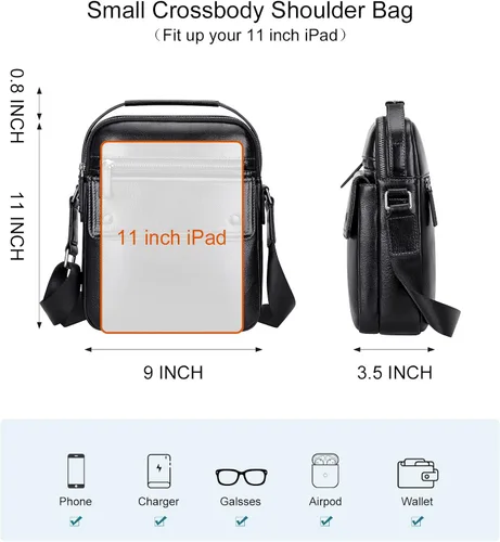 Vista 5 de PIJUSHI Bolso cruzado de cuero genuino para hombre pequeño bolso de mensajero con múltiples bolsillos