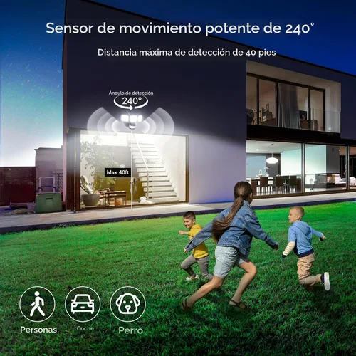 Vista 3 de OREiN Luz de inundación con sensor de movimiento al aire libre, luz de seguridad LED de 26W 3500LM, detección de 240° 40 pies, modos de anochecer a