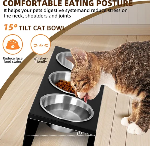 Vista 2 de Cuencos elevados para gatos con base antideslizante, platos elevados para gatos con soporte integrado inclinado a 15° antivómito, incluye 3 cuencos
