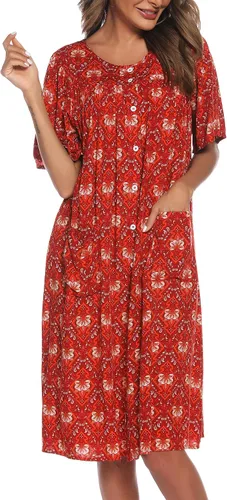 Vista 3 de Vestido de casa para mujer, camisones de algodón con botones y bolsillos, S-XXL