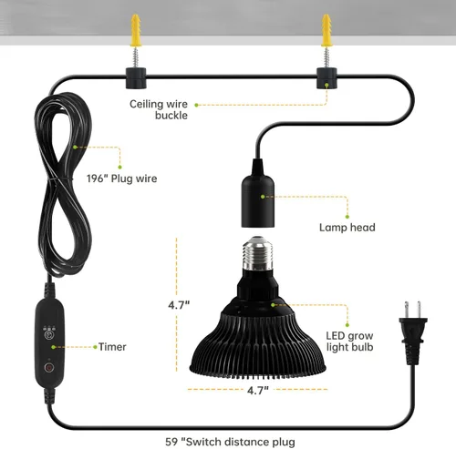 Vista 8 de Luces colgantes de cultivo para plantas de interior, 25 W 5000 K, bombillas LED de cultivo colgantes con temporizador, luz de planta colgante