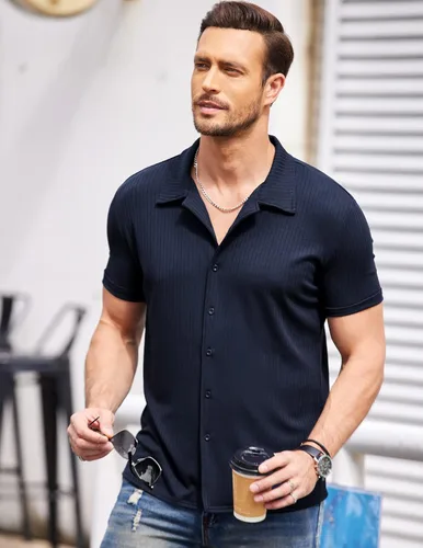 Vista 2 de COOFANDY Camisas de verano con botones para hombre, camisas cubanas de manga corta, camisas de playa ajustadas