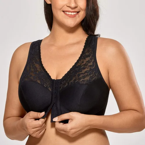 Vista 5 de DELIMIRA Sujetadores con cierre frontal para mujer, espalda cruzada, sin varillas, talla grande, cobertura completa, brasier de algodón de encaje