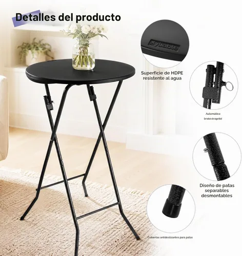Vista 5 de Byliable Mesa de cóctel redonda de 24 pulgadas, mesa de bistró plegable de altura alta con patas extraíbles, plástico portátil para interiores